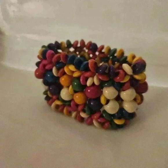White, multicolored wooden slip on bracelet. Wide ban - Picture 3 of 5